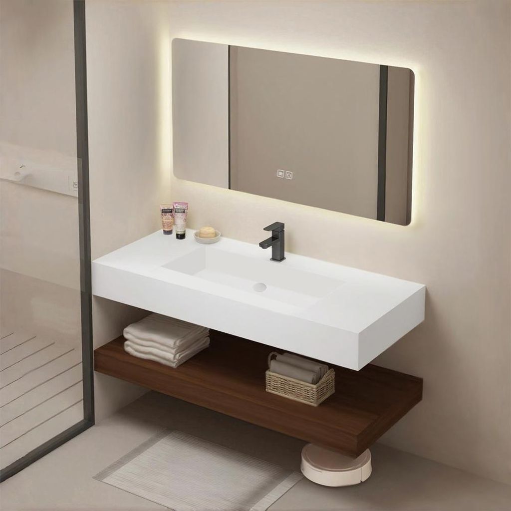 Waschbecken aus Keramik Modernes Waschbecken Badezimmer Hänge Waschbecken mit LED Spiegel, Ablage 120*55cm 【C025】