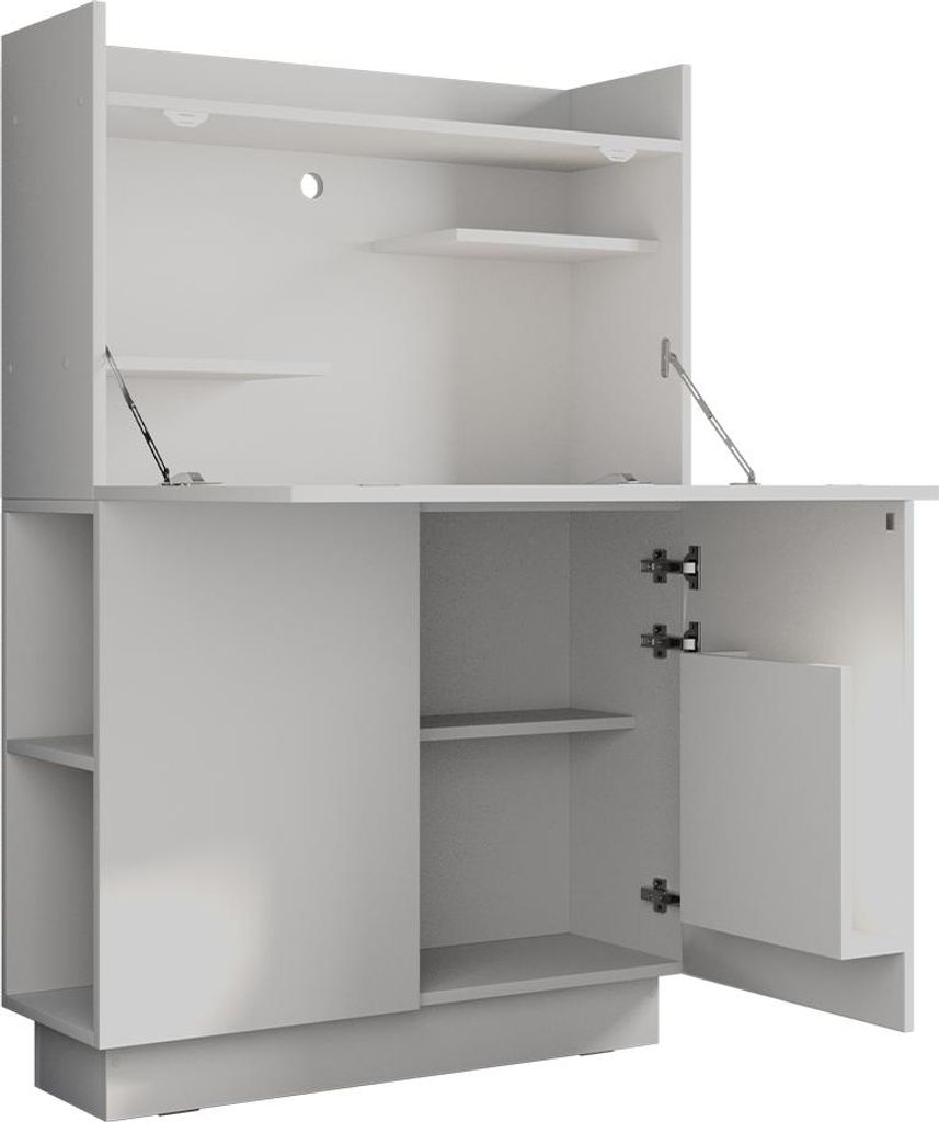 A white secretary desk with its doors and shelves open, shown against a white background.