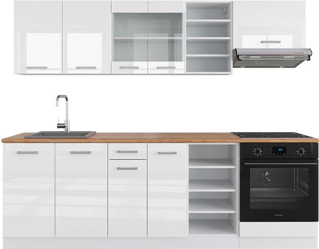 Küchenzeile Vicco R-Line Weiß Hochglanz/Weiß 240 cm , AP Eiche, Model 42572