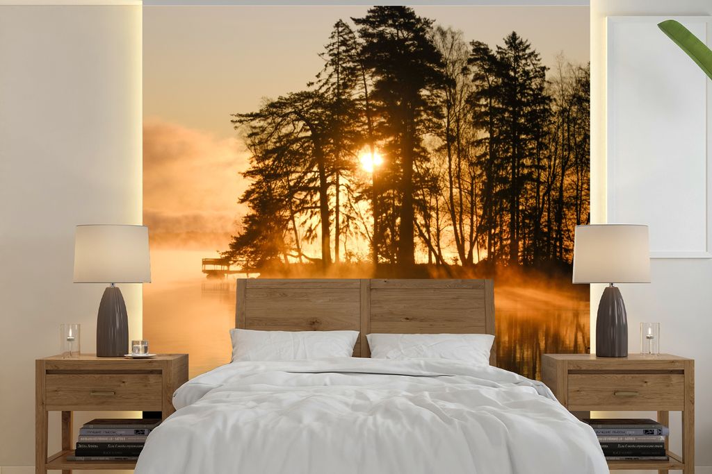 MuchoWow Fototapete für Wohnzimmer oder Schlafzimmer Wandtapete Vinyl Motivtapete Herbst - Sonne - Wasser - 350x350 cm - Schlafzimmertapete