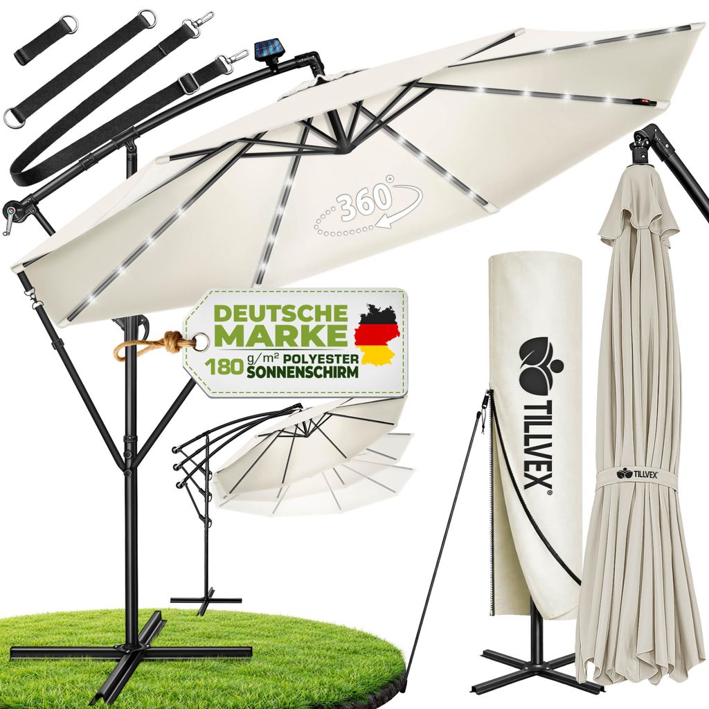 tillvex Alu Ampelschirm Beige LED Solar Ø 300 cm mit Kurbel | Sonnenschirm mit An-/Ausschalter | Gartenschirm UV-Schutz Aluminium | Kurbelschirm m...