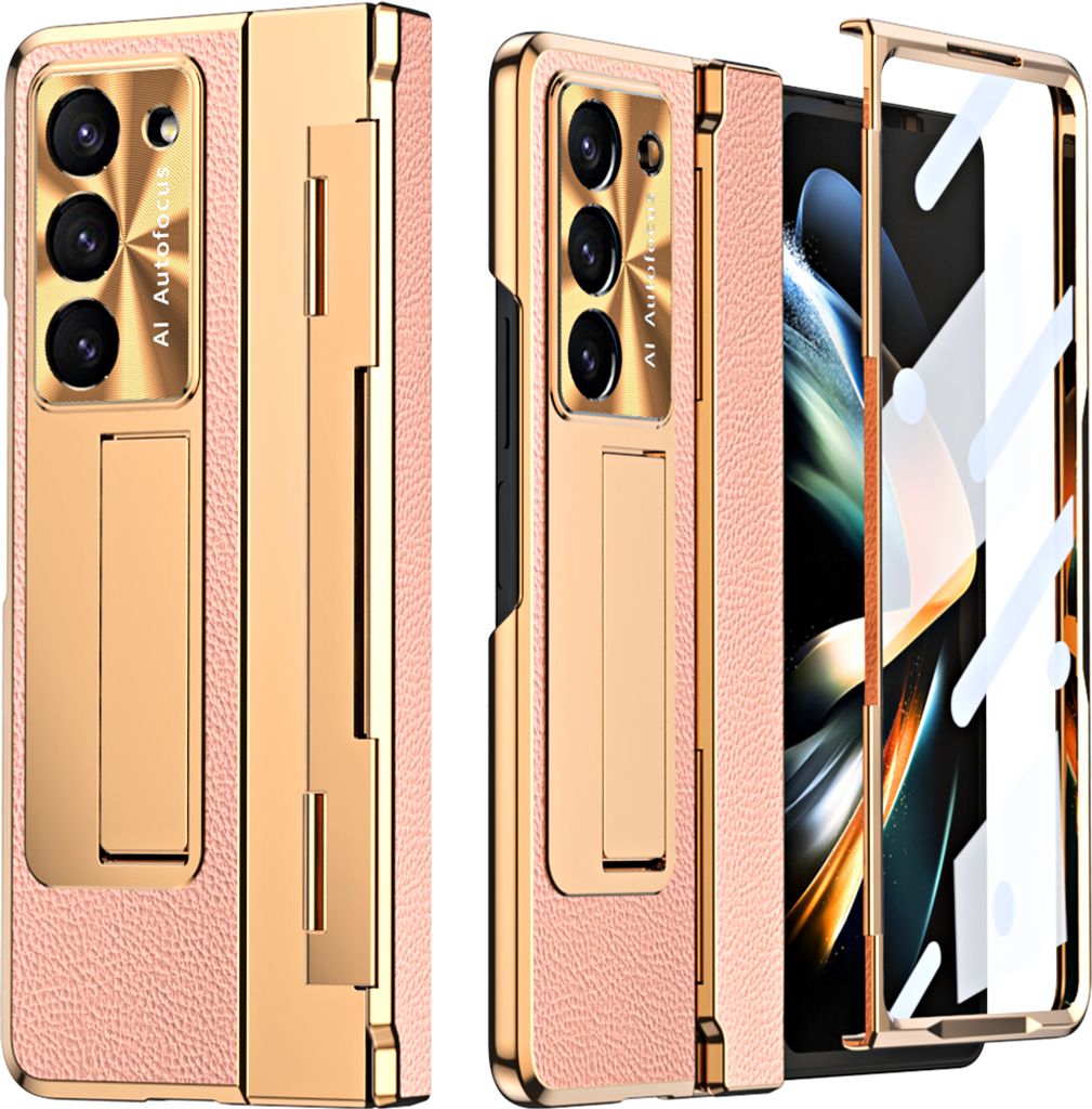 Hülle für Samsung Galaxy Z Fold 6 mit Displayschutz & Objektivschutz Galvanisierte Litschi Ständer Schutzhülle Pink