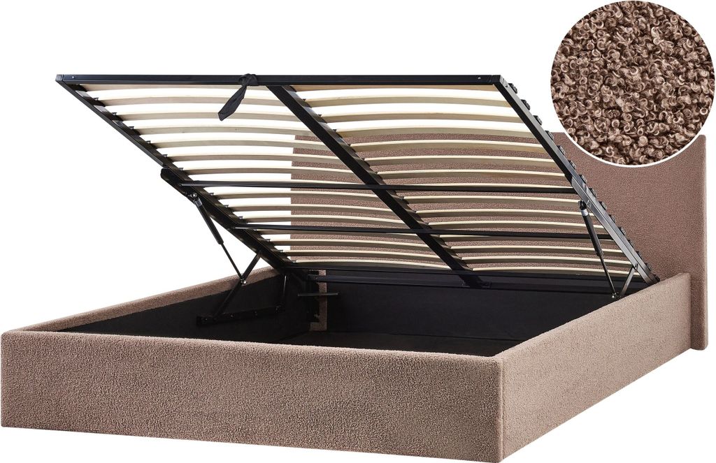 BELIANI Polsterbett Braun Bouclé Bettrahmen mit Lattenrost 180x200 cm Bettkasten Hochklappbar Hohes Kopfteil Modern Skandi Schlafzimmer Doppelbett