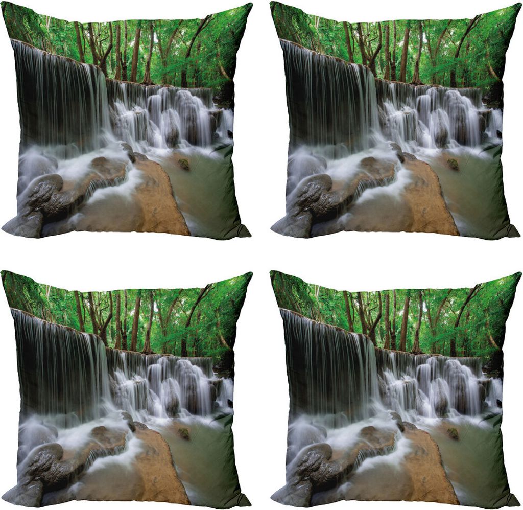 ABAKUHAUS Natur Kissenbezug Set (4 Stück), Tropical Forest Scenery, Moderner Doppelseitiger Digitaldruck, 60 cm x 60 cm, Forest Green Brown White