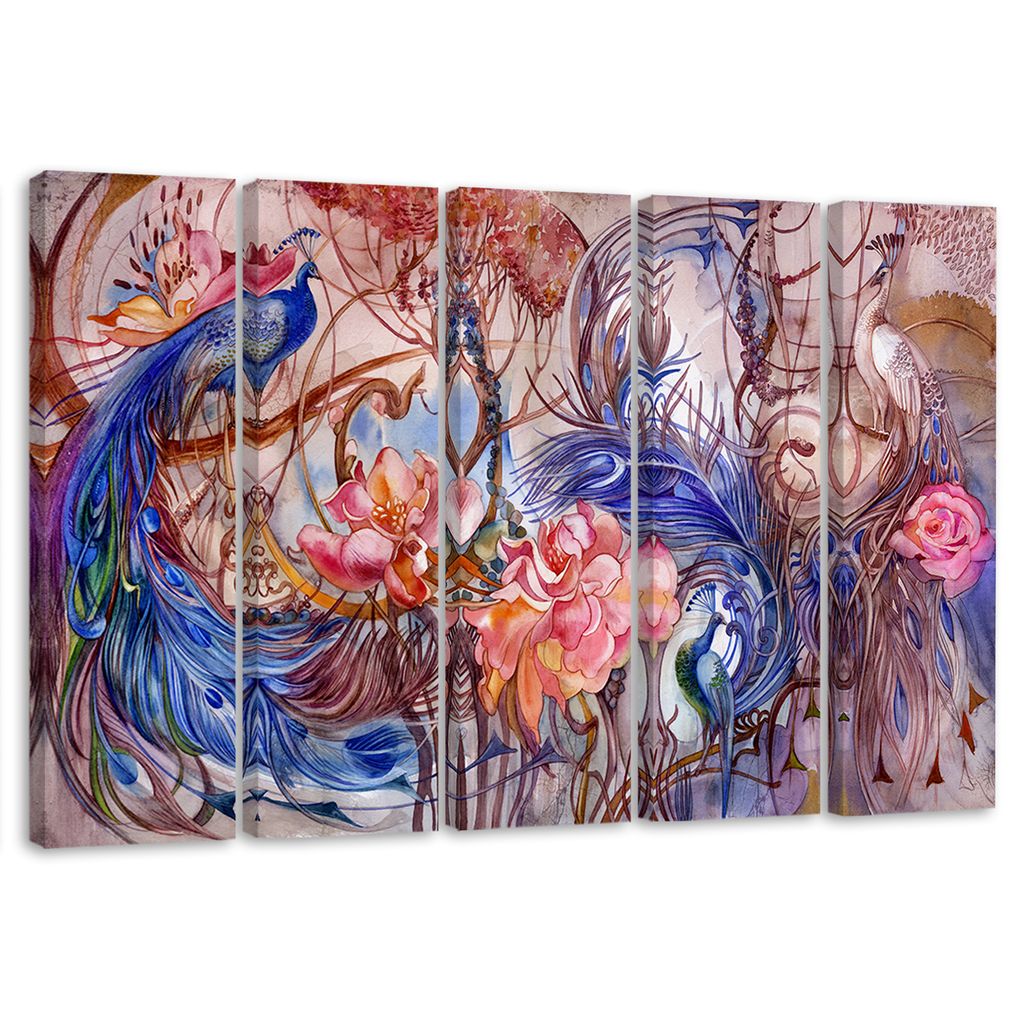 5-teiliges leinwandbild magischer pfau 200x100 cm Feeby blau wandbild bereit zum aufhängen
