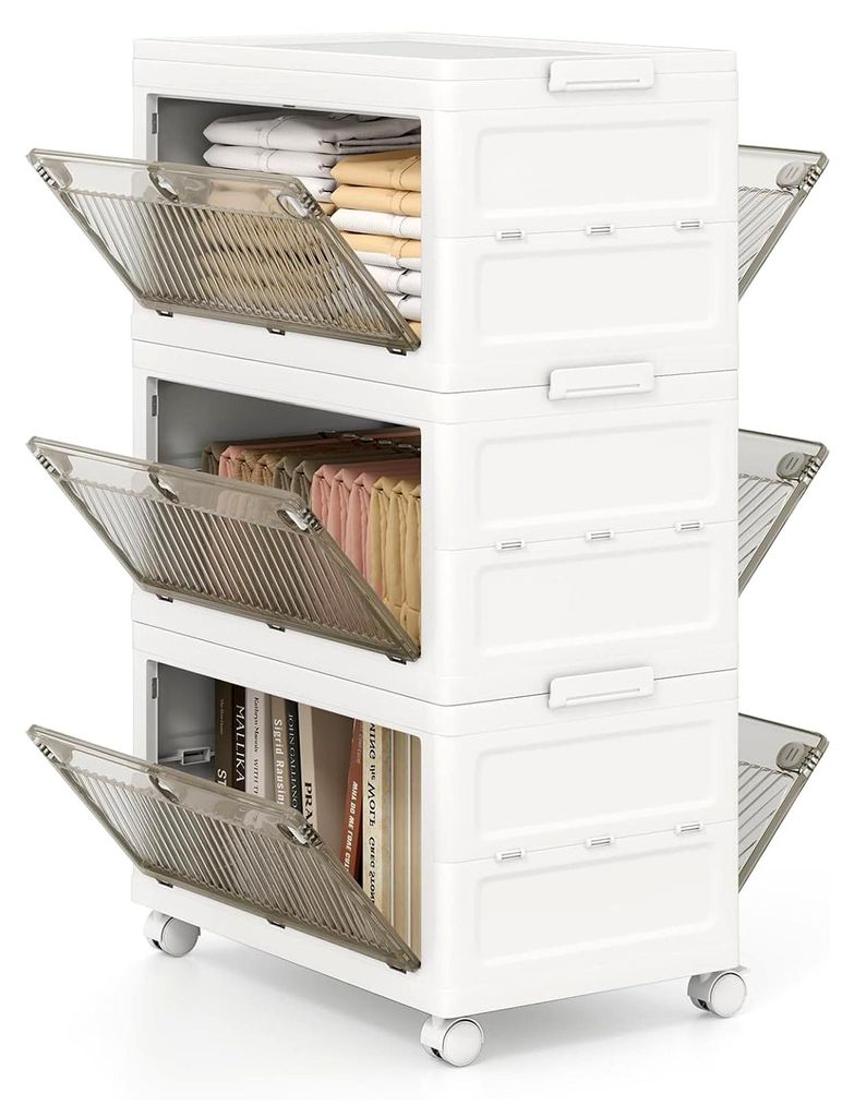 Kunststoff-Aufbewahrungsboxen, 126 l, stapelbare 3-stöckige Boxen mit Rollen und Deckel, faltbarer Organizer für Wohnzimmer, Schlafzimmer, Büro ...