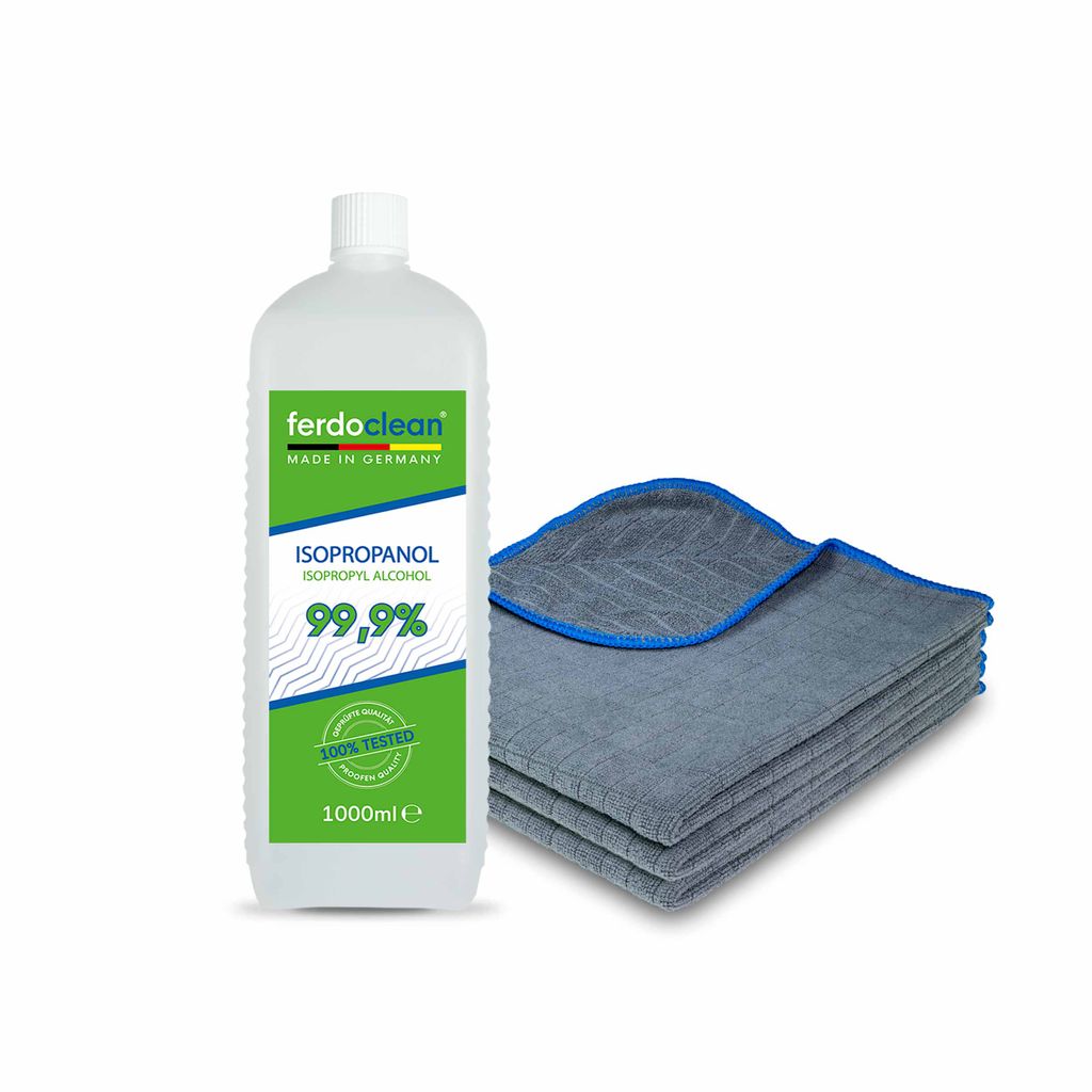 ferdoclean Isopropanol 99,9% 1L Isopropylalkohol (IPA) 2-Propanol + 3 x Microfasertücher 380GSM 40 x 40 cm blauer Rand