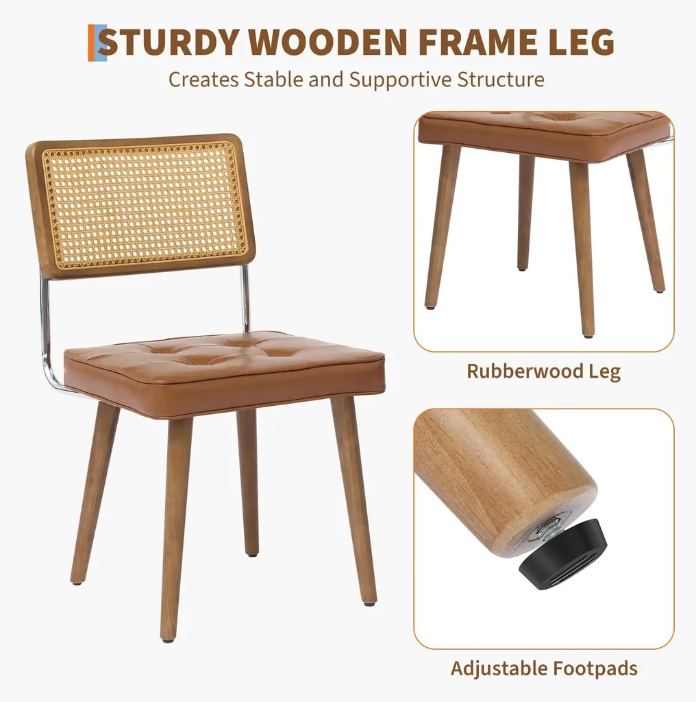 Chaise de table design en velours marron et dossier rotin - Lot de 1 - 2