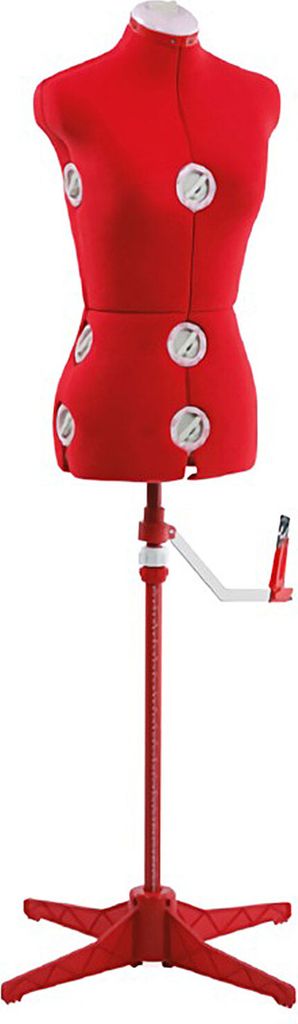 A red adjustable dress form on a stand, isolated on a white background.