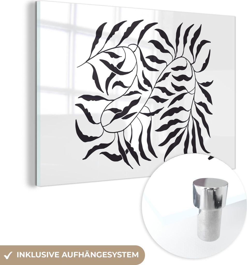 MuchoWow Glasbilder - Bilder auf Wandbild - Foto auf Glas Blätter - Pflanzen - böhmisch - weiß - abstrakt 90x60 cm Wanddekoration aus Glas - Acr...
