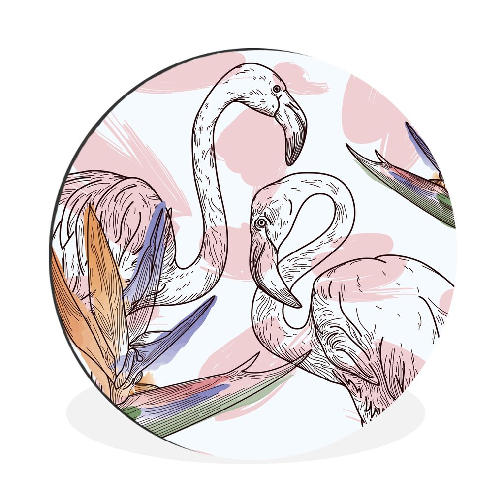 MuchoWow Aluminium Wandkreis Vogel - Pflanzen - Flamingo - Muster Ø 60 cm Wanddeko Modern Wohnzimmer - Wand Kreis - Wandbild - Schlafzimmer - Al...