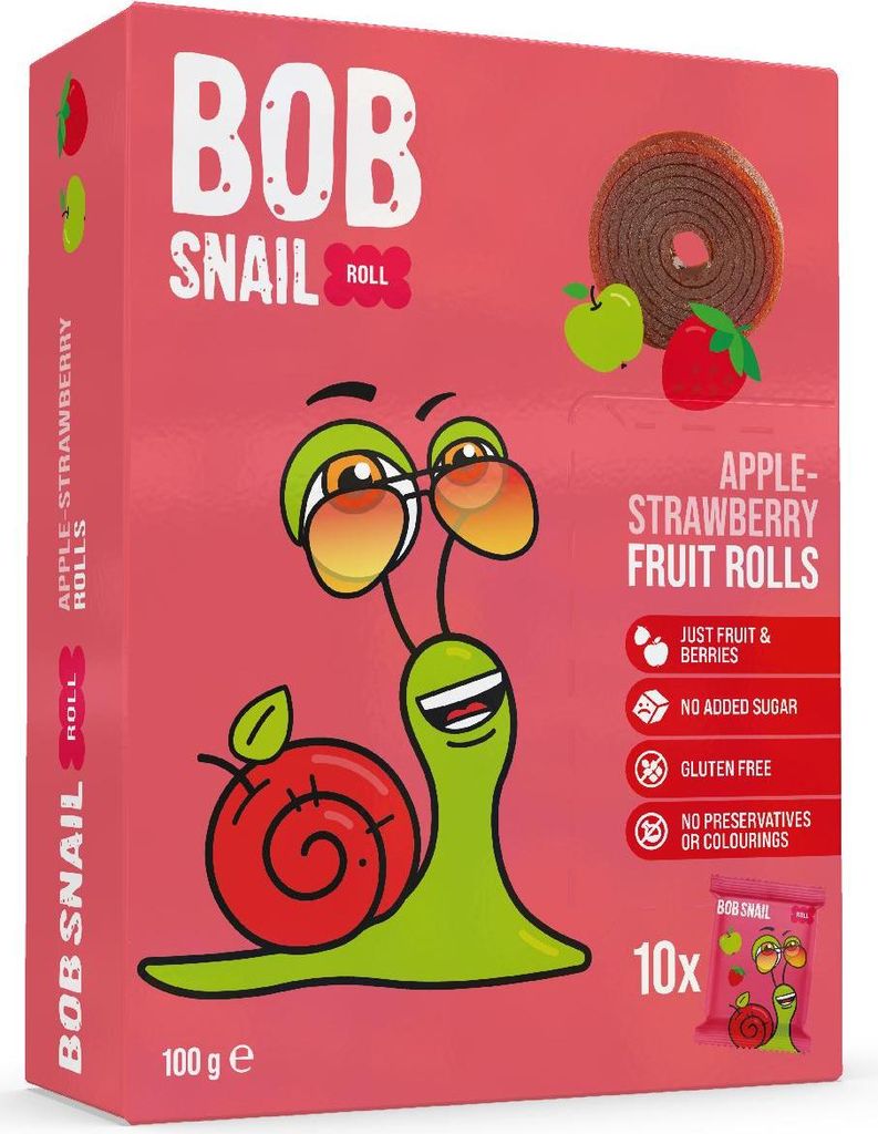 PRZEKĄSKI ROLL JABŁKO - TRUSKAWKA BEZ DODATKU CUKRÓW BEZGLUTENOWE 100 g - BOB SNAIL