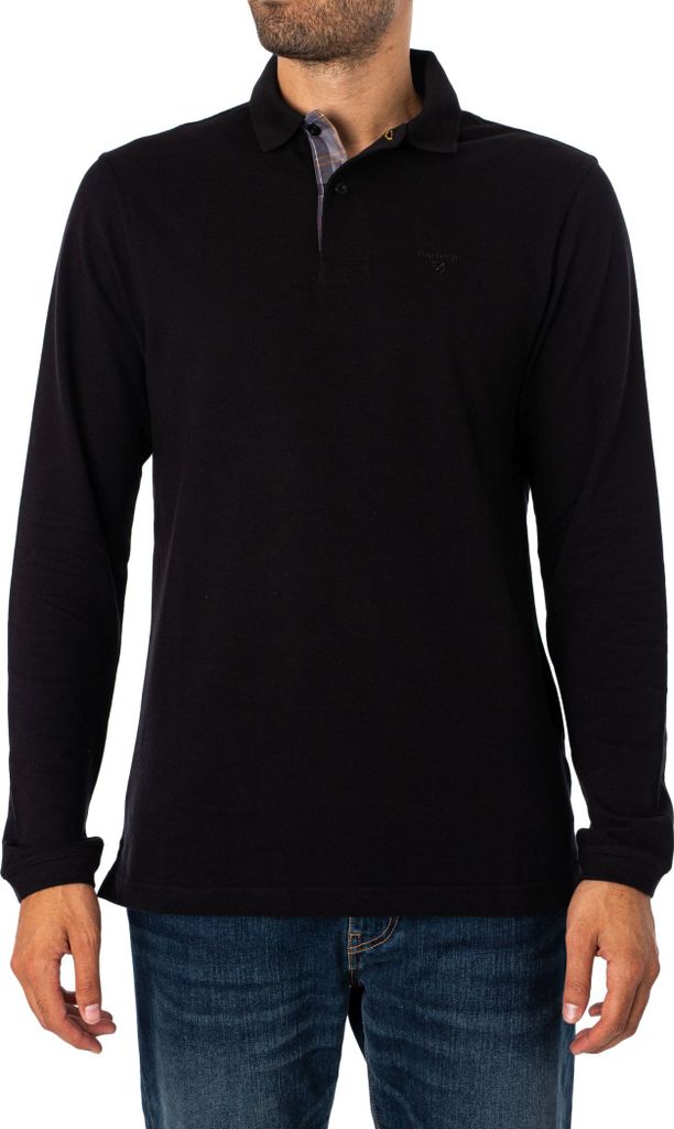 Barbour Essential Langärmliges Piqué-Poloshirt mit Schottenmuster, Schwarz 3XL