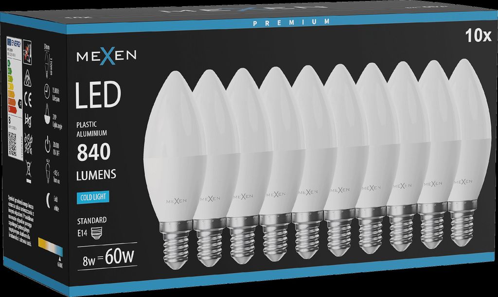 Mexen Nova 10x LED-Glühbirne E14, C37, 8W, Kalt - 6500K, Produktbild 