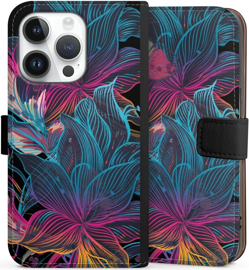 DeinDesign Klapphülle für Apple iPhone 14 Pro Handytasche Lederhülle Tasche Blumen Neon bunt