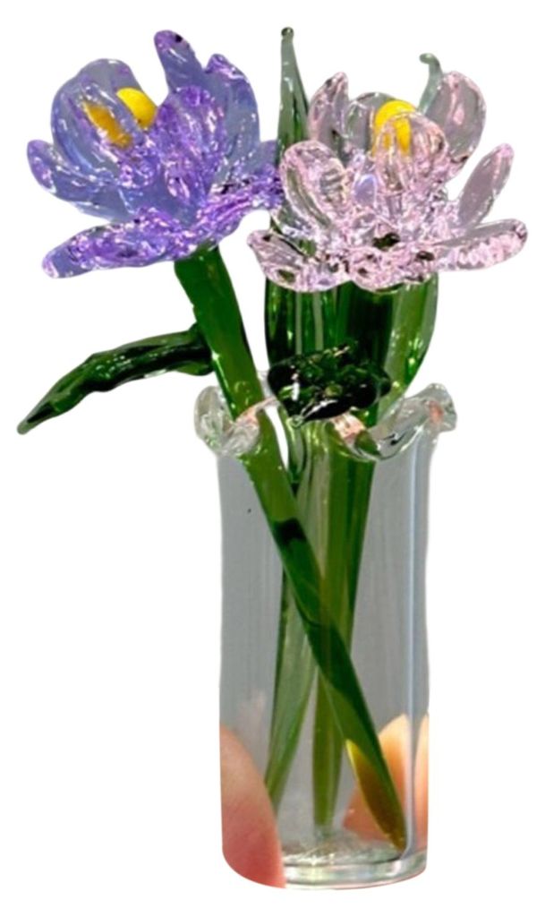 1 Set Glasblumenstrauß mit Vase, mundgeblasene Mini-Blumendekoration für Wohnzimmer, handgefertigtes künstliches Blumenornament mit Stiel