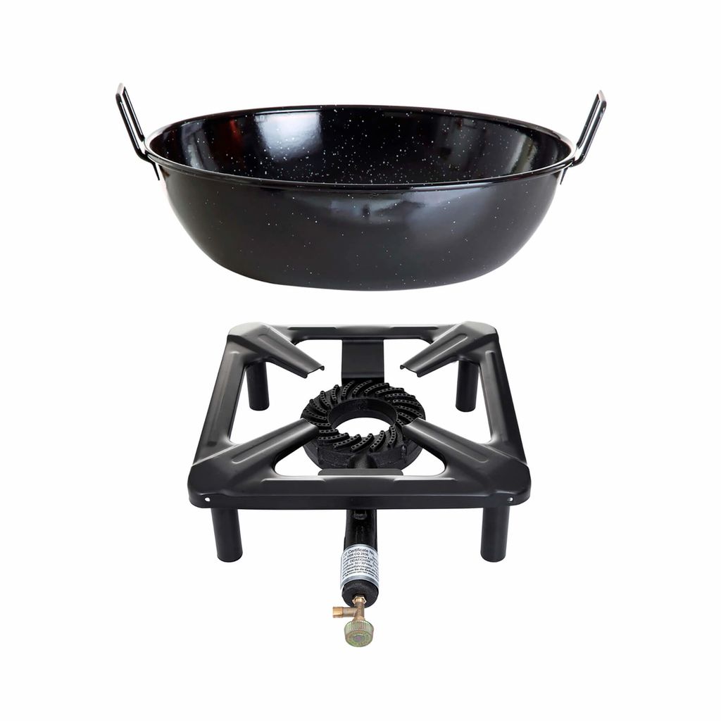 Hockerkocher-Set (klein) mit Emaille-Schüssel/Topf Ø 30 cm - ohne Zündsicherung - ohne Gaskartusche
