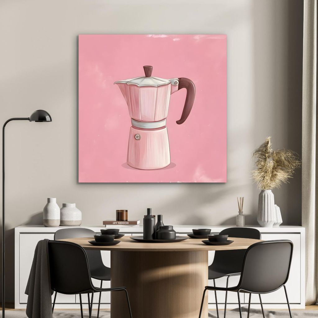 MuchoWow Wanddekoration Metall Metallbild Wandkunst 90x90 cm Rosa - Becher Kanne - Illustration - Kaffee MuchoWow Aluminium Gemälde - Dekoration -...