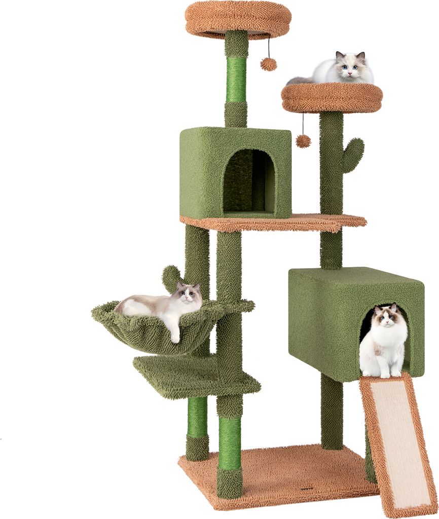 COSTWAY Kratzbaum Kaktus 160cm hoch, Katzenbaum mit Plattformen, Spielzeug, Sisalpfosten, Leiter, Korb & 2 Katzenhöhlen, Katzenturm Holz, Grün, B...