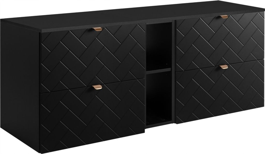 A black cabinet with a herringbone pattern on the doors and rose gold handles.