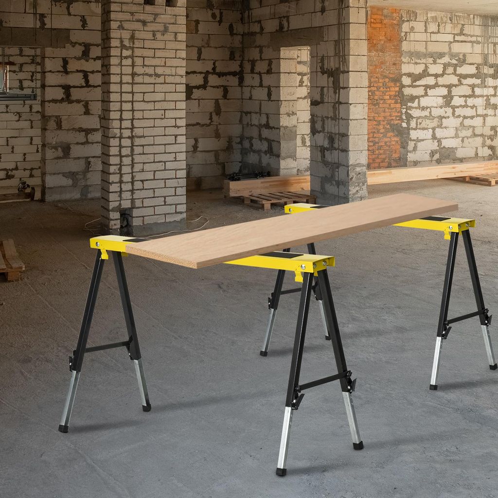Sägebock 2er-Set klappbar höhenverstellbar, Arbeitsbock Unterstellbock rutschfest, Stahl, Gelb-Schwarz | 62–90 cm | 100 x 49 cm | bis 100 kg