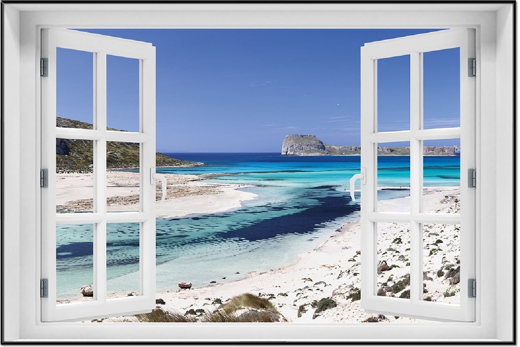 Wallario Wandbild mit Fenster-Illusion: Einsame Bucht mit weißem Sand und klarem Wasser, Größe: 61 x 91,5 cm, Poster mit schwarzem Aluminiumrahmen