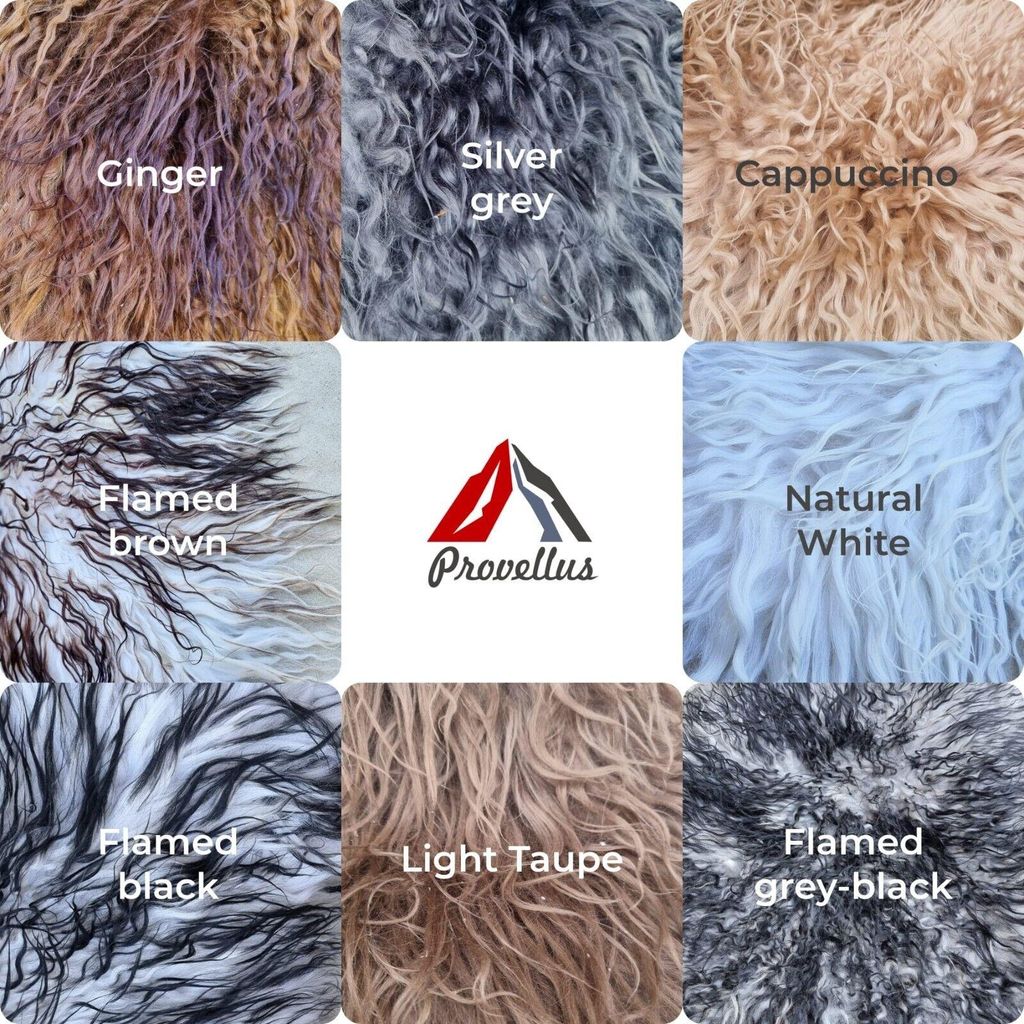 Premium Island Schaffell – Langhaarig, lockig, Natur, Schwarz geflammt 40x40cm rund