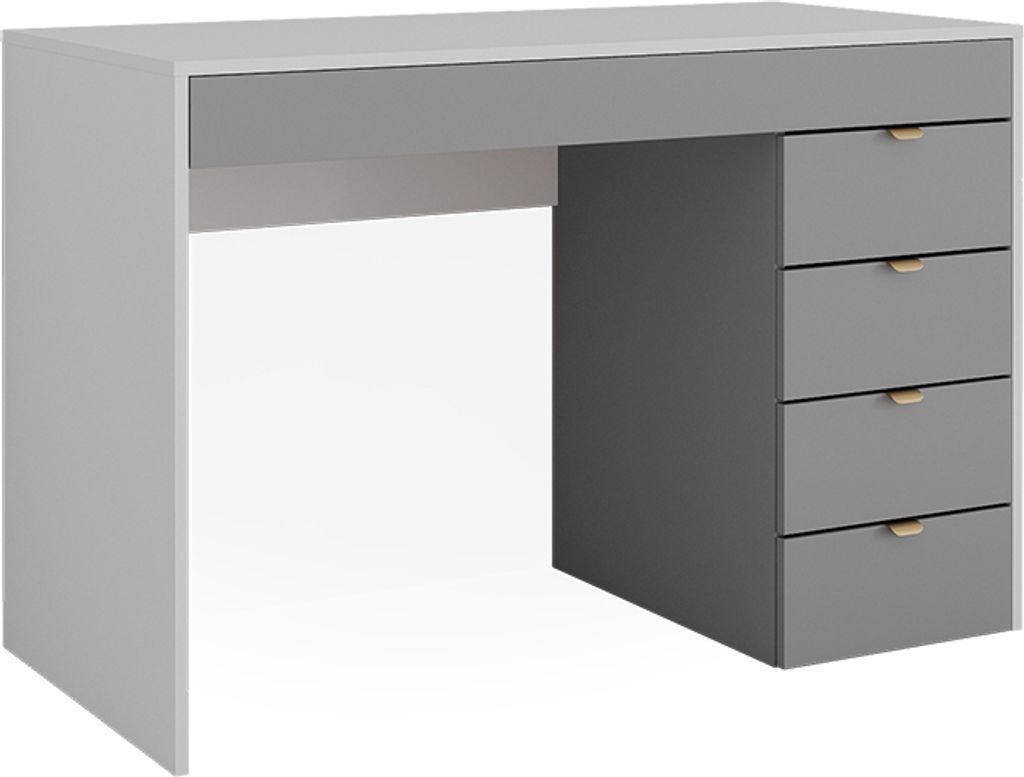 A modern white and gray desk with drawers.