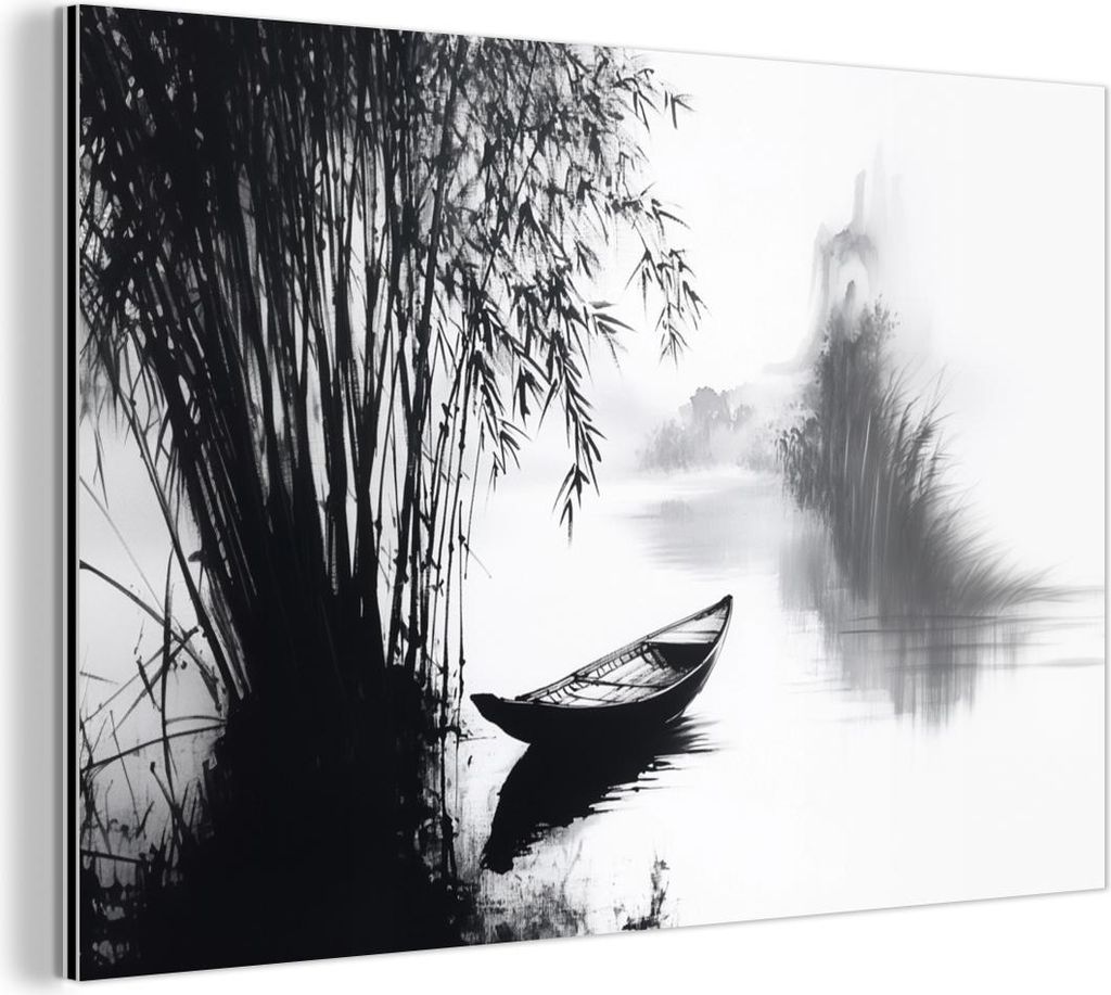 MuchoWow Wanddekoration Metall Metallbild Wandkunst 120x80 cm Boot - Fluss - Bambus - Weiß MuchoWow Aluminium Gemälde - Alu Bild