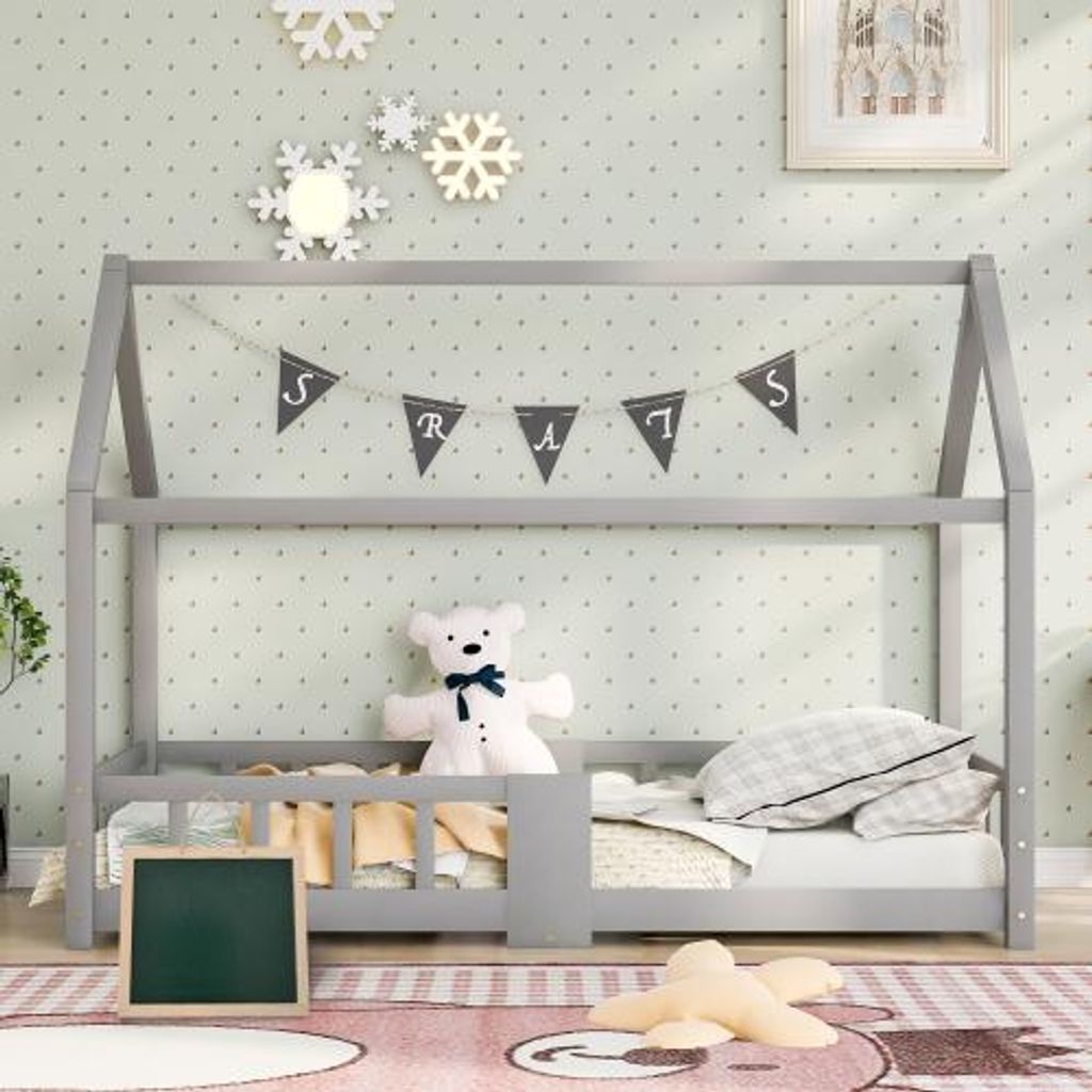 Kinder-Hausbett aus massivem Kiefernholz mit Tafelfläche, sicherem Rausfallschutz und einfachem Aufbau, Farbe Grau, geeignet für 90x200 cm Matratzen
