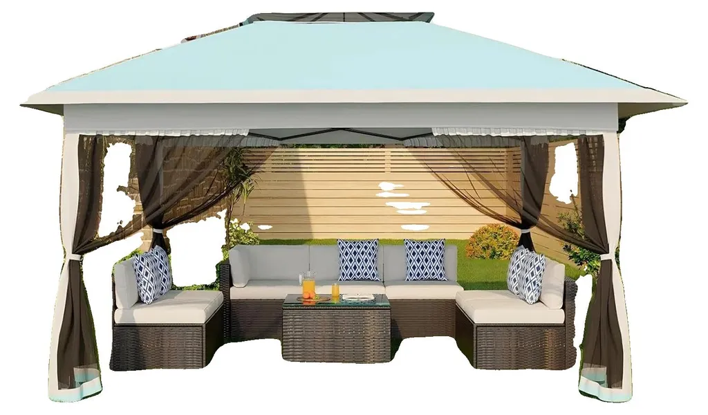 Abri de Jardin Pliable 3x3m Bleu Clair Toile Étanche pour Repas en Extérieur