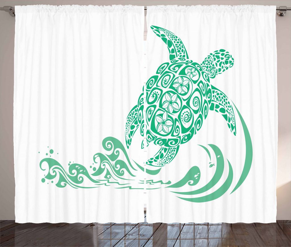 ABAKUHAUS Schildkröte Rustikaler Vorhang, Plumeria Blumen Muster, Wohnzimmer Universalband Gardinen mit Schlaufen und Haken, 280 x 225 cm, Meeresg...