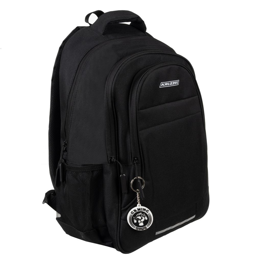 A black backpack is shown against a white background.