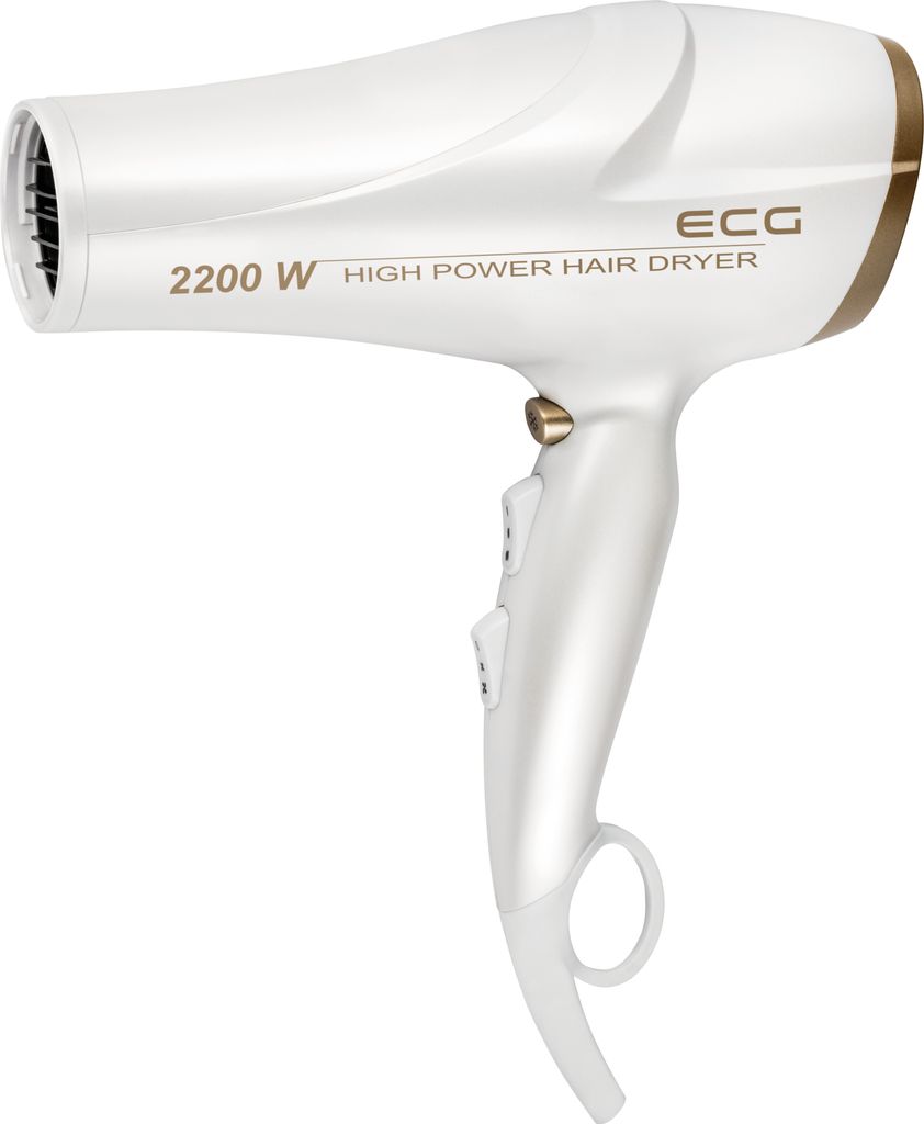 A white and gold hair dryer is shown against a white background.
