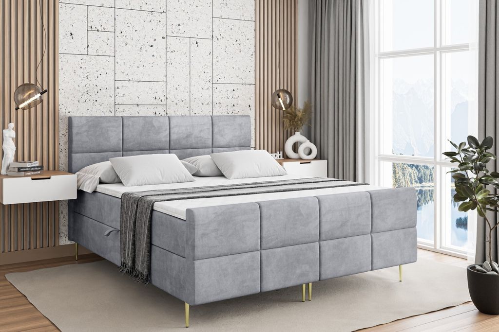 ALTDECOR Boxspringbett mit Gold Füßen, Matratze und Lattenrost, Topper, Fußteil, Polsterbett mit Bettkasten, Bett mit Stauraum H4-Matratze, Dopp...