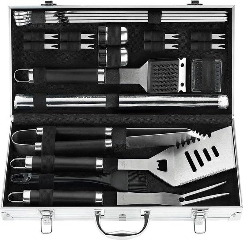 Kit accessoires barbecue en inox avec tapis et mallette de rangement