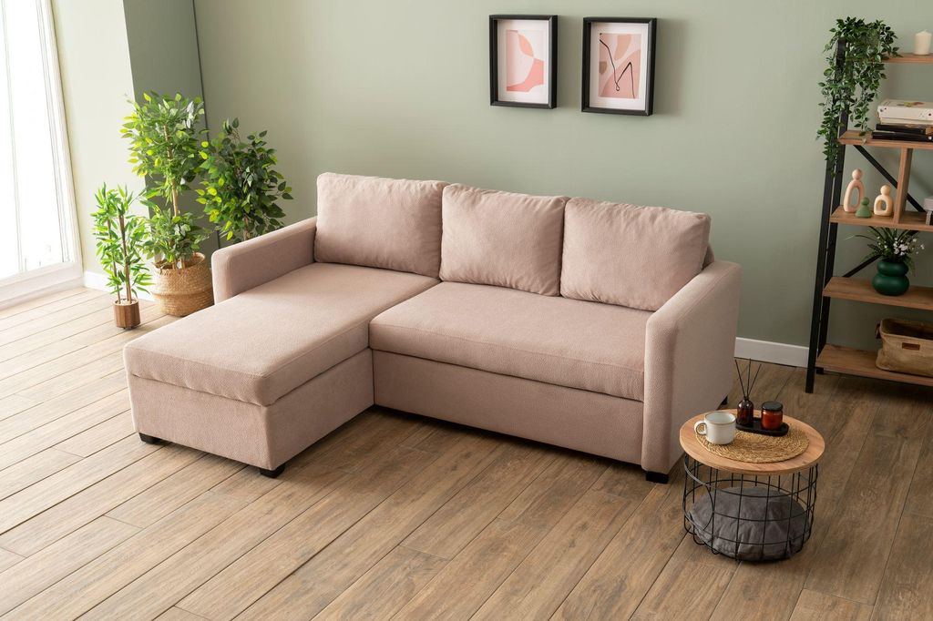 Hanah Home, Kado - Mink, Ecksofa-Schlaf, Nerz, 100% METALL, 236x153 x 46 x 90 cm
