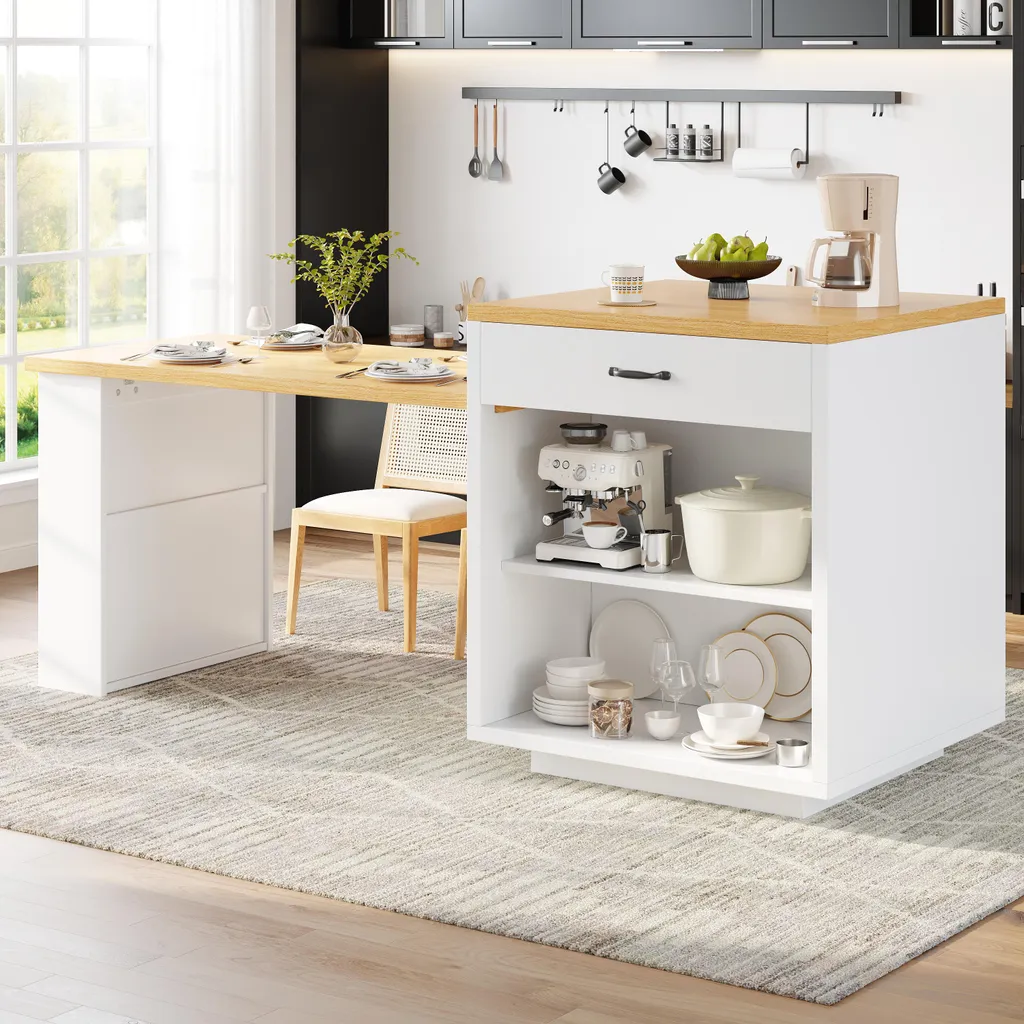 Îlot de cuisine avec éclairage LED et plan de travail extensible en MDF - 11