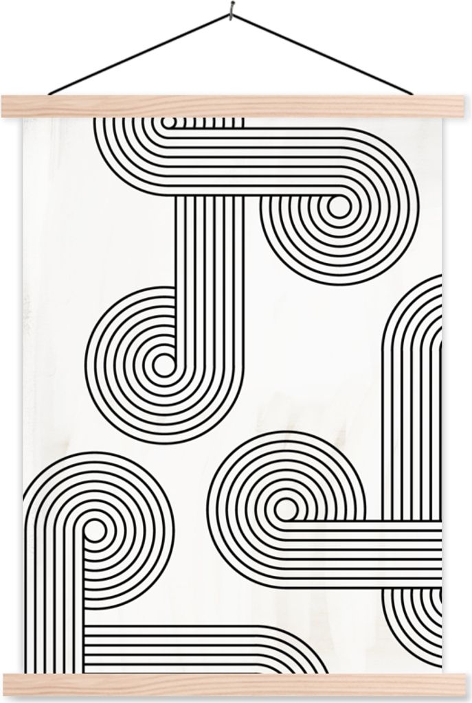 MuchoWow Textilposter Kunst - Kreis - Schwarz - Weiß 120x160 cm mit holzfarbenen Rahmen - Plakatkarton