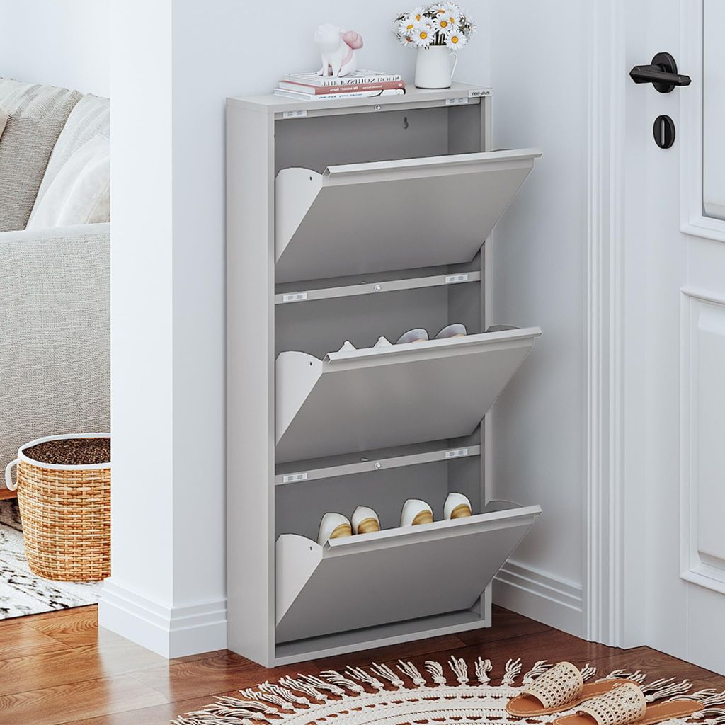 VEEHAUS Schuhregal Schmal Metall Schuhschrank Hoch Schuhkipper mit Magnetische Abdeckung Metall Montiert Schuhschrank Schmal und Wandmontage (Grau,...