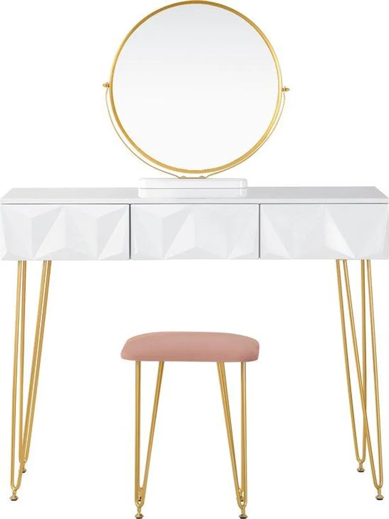 Coiffeuse avec miroir blanc et doré Modèle Aurora - Design Rose Chic