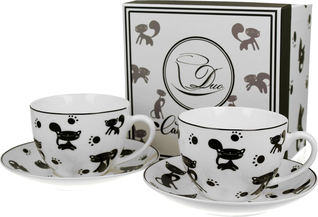 DUO ANIMALS 2er-Set Tassen 280 ml BLACK CATS mit Untertassen, New Bone China Porzellan