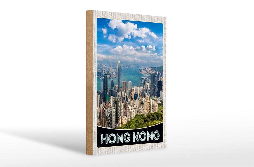 Holzschild Reise 20x30cm Hong Kong Wolkenkratzer Hochhaus