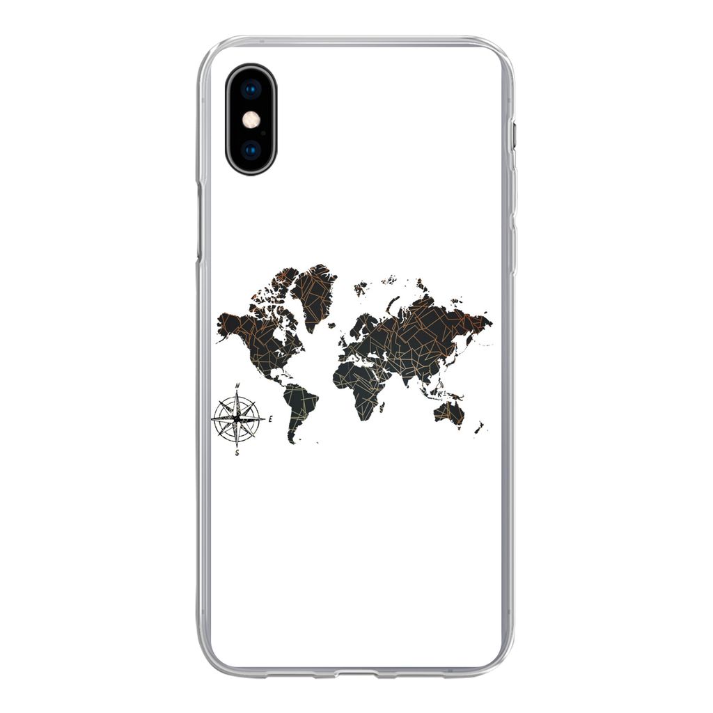 MuchoWow Handyhülle Schutzhülle Hülle für iPhone Xs Weltkarte - Gold - Schwarz - Windrose Silikon Softcase Handy Hülle - Handytasche
