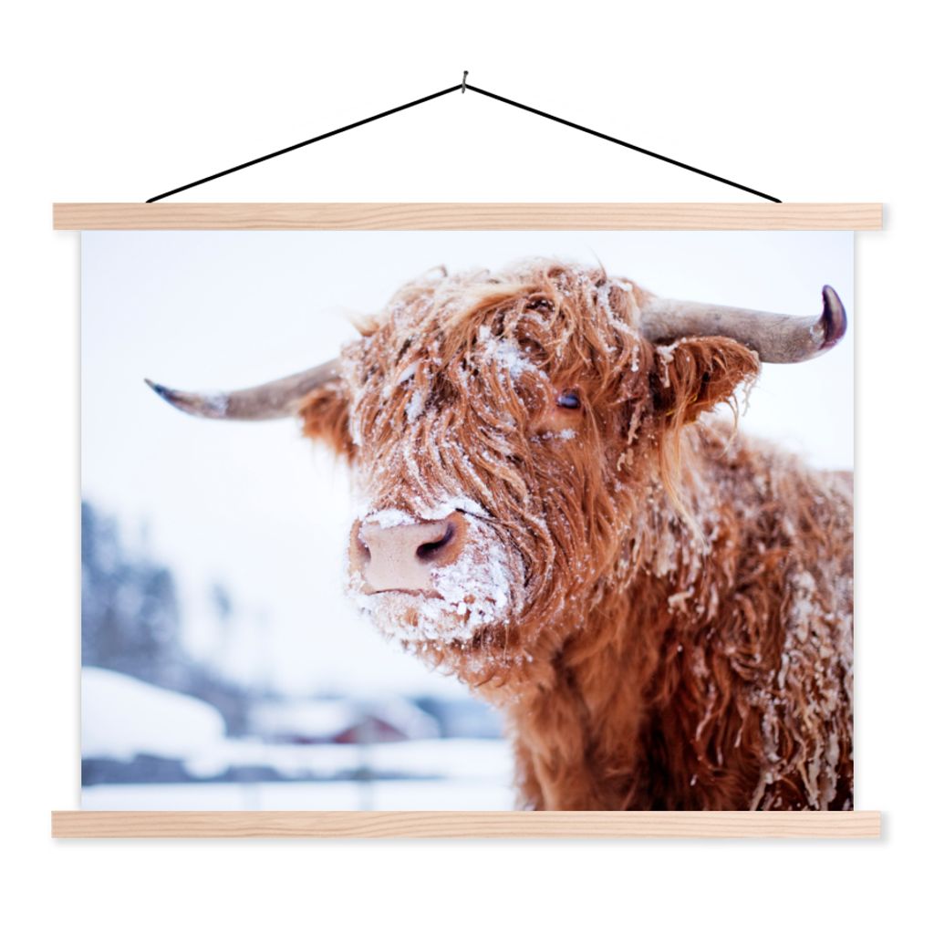 MuchoWow Textilposter Schottischer Highlander - Schnee - Braun 120x90 cm mit holzfarbenen Rahmen - Magnetisch