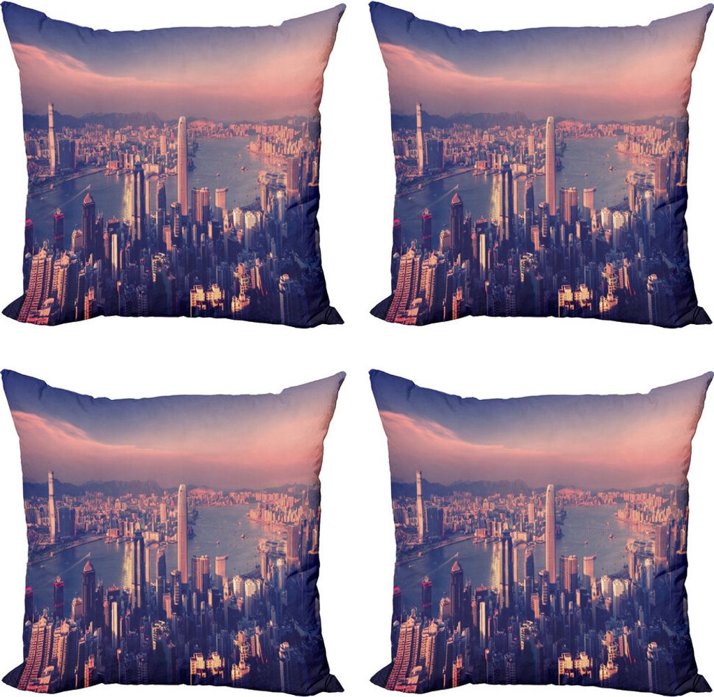 ABAKUHAUS Stadt Kissenbezug Set (4 Stück), Dreamy Hong Kong Scenery, Moderner Doppelseitiger Digitaldruck, 40 cm x 40 cm, Pale Pink Night Blue