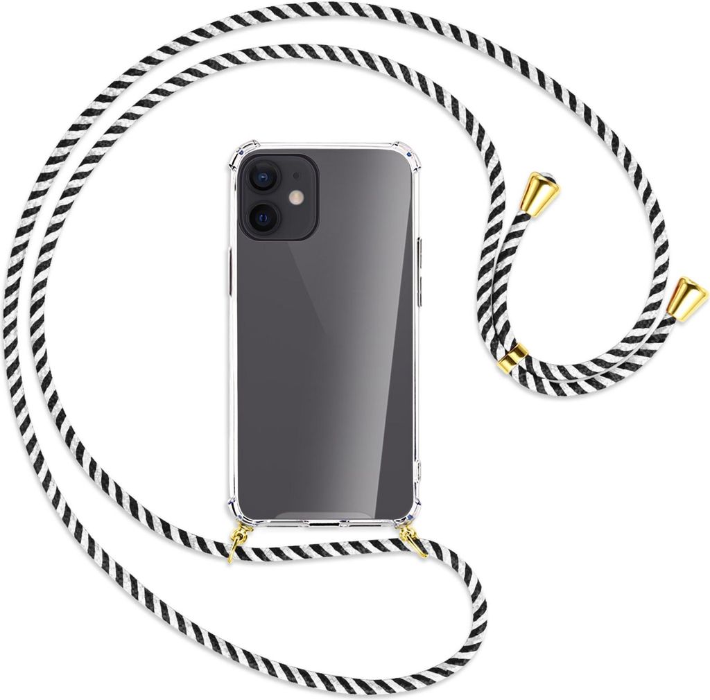 Handykette Backcover-Schutzhülle mit Band (Metall goldfarben) für Apple iPhone 12 Mini - schwarz/weiß gestreift