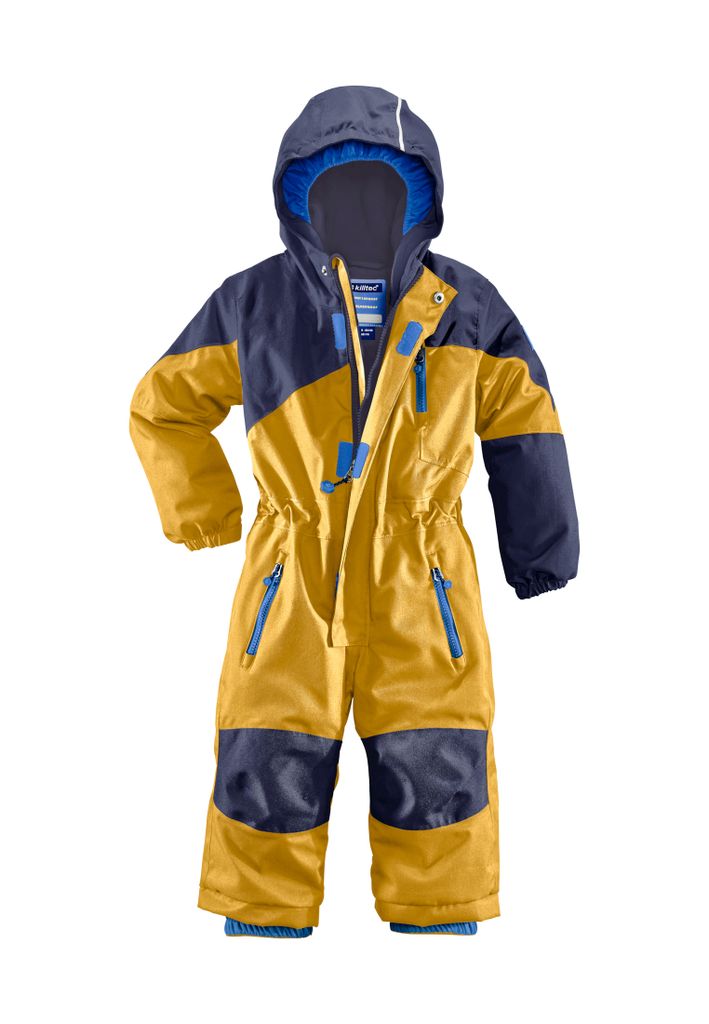 Killtec Kesley Mini skioverall/sneeuwpak met capuchon en sneeuwvanger, gebrand geel, 110/116