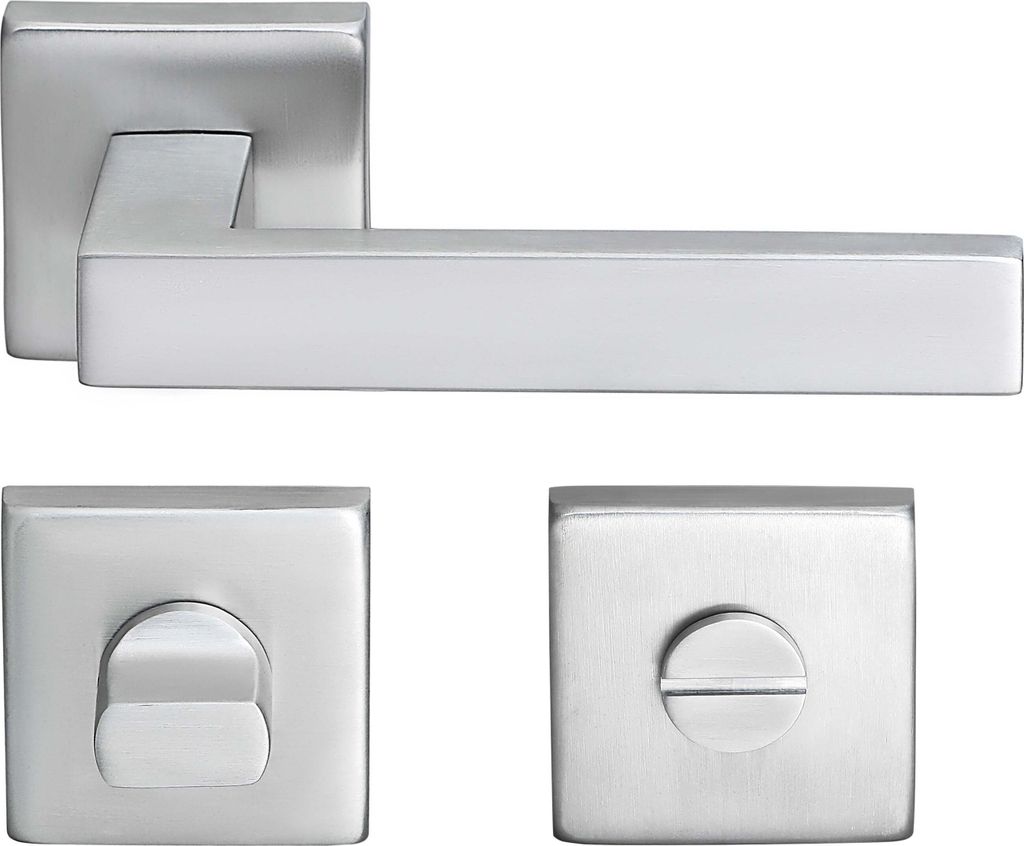 A set of door handles and escutcheons on a white background.