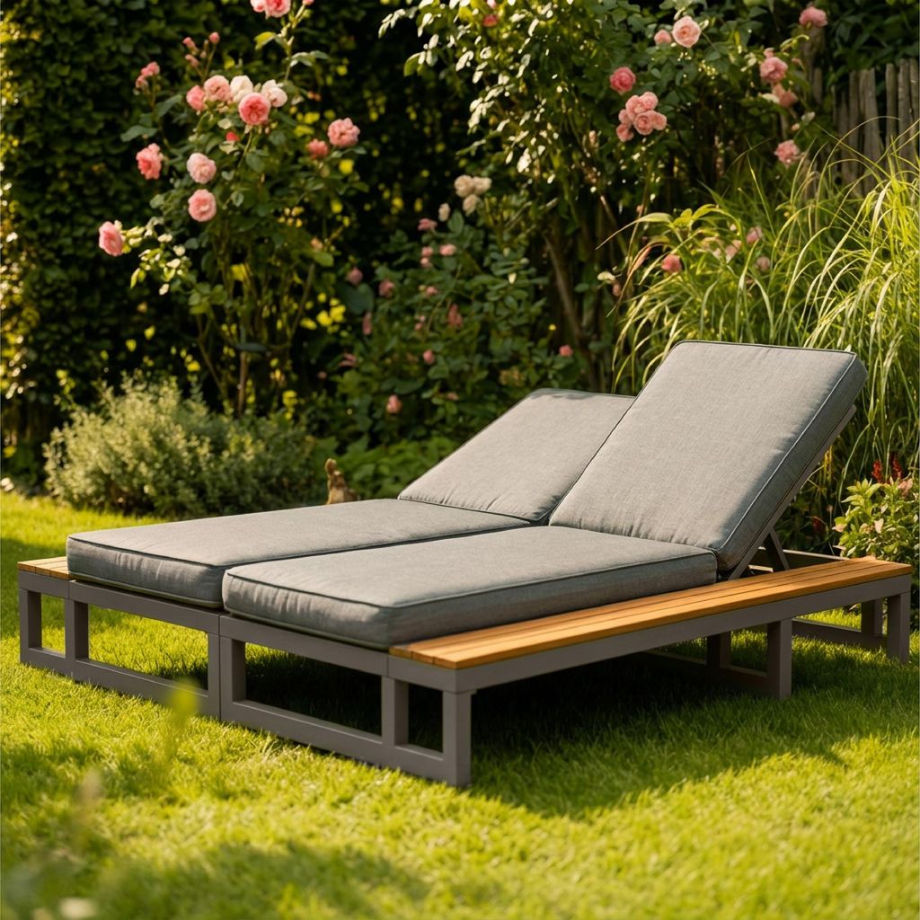 okwish Chaiselongue Outdoor-Liege Zweisitzer 4-Stufig Verstellbare Rückenlehne Polsterauflage Wasserabweisender Bezug Garten Terrasse Rechte Seite...
